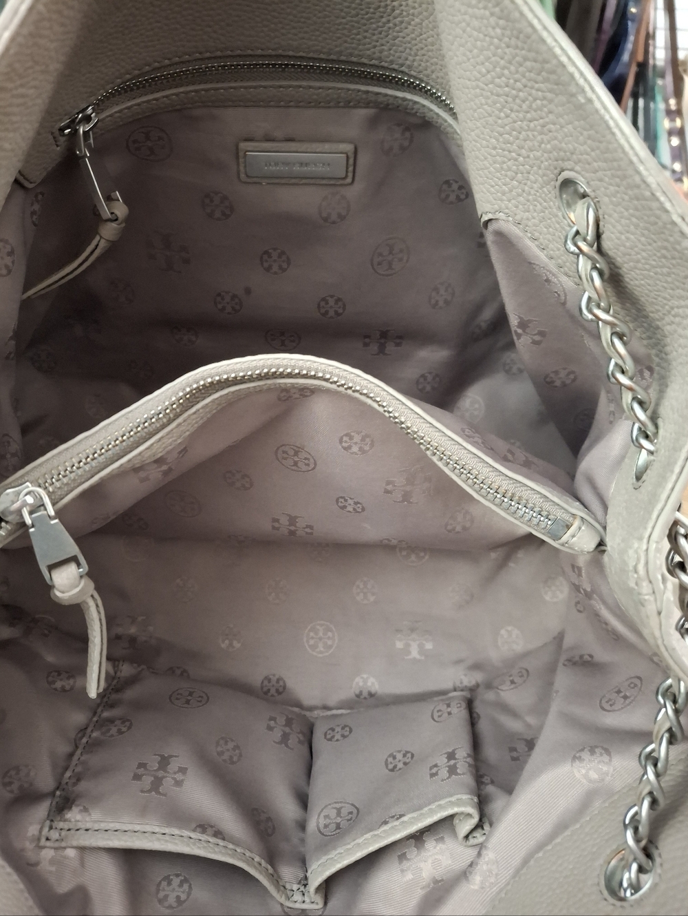 Tory Burch Taupe Pebbled Leather Chain Strap Tote Shoulder Bag Large - Picture 10 of 10